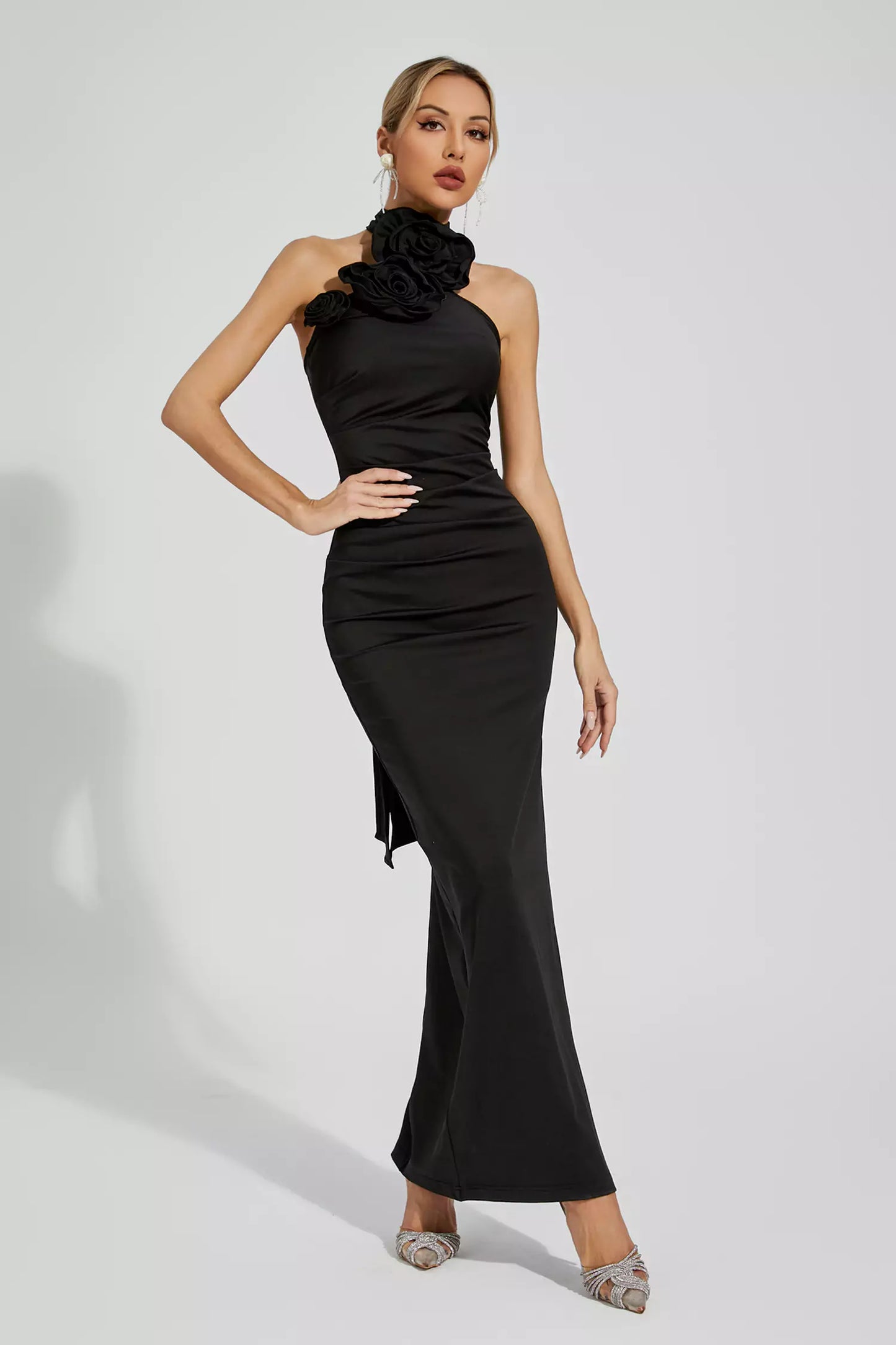 Dalary Black Floral Ruched Halter Maxi Dress