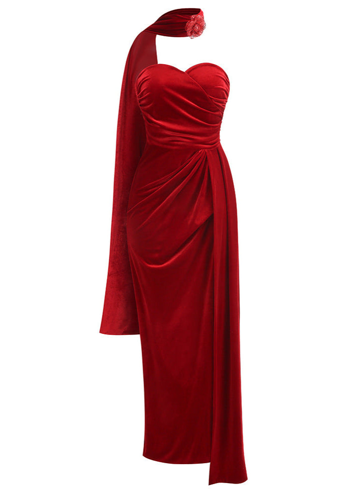 Arythix Velvet Flower Maxi Dress In Red