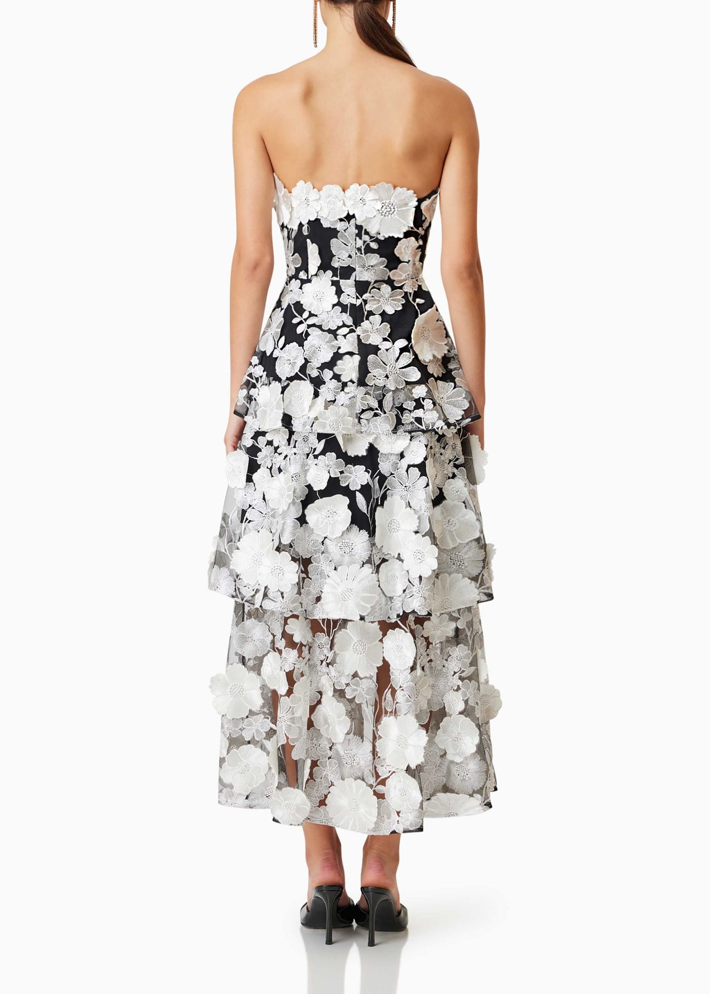 Pashaie 3D Flower Tiered Maxi Dress In Black