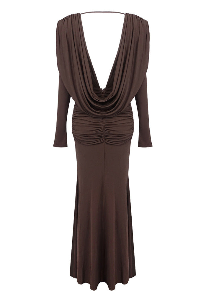 Sagebrush Long Sleeve Draped Backless Maxi Dress In Brown