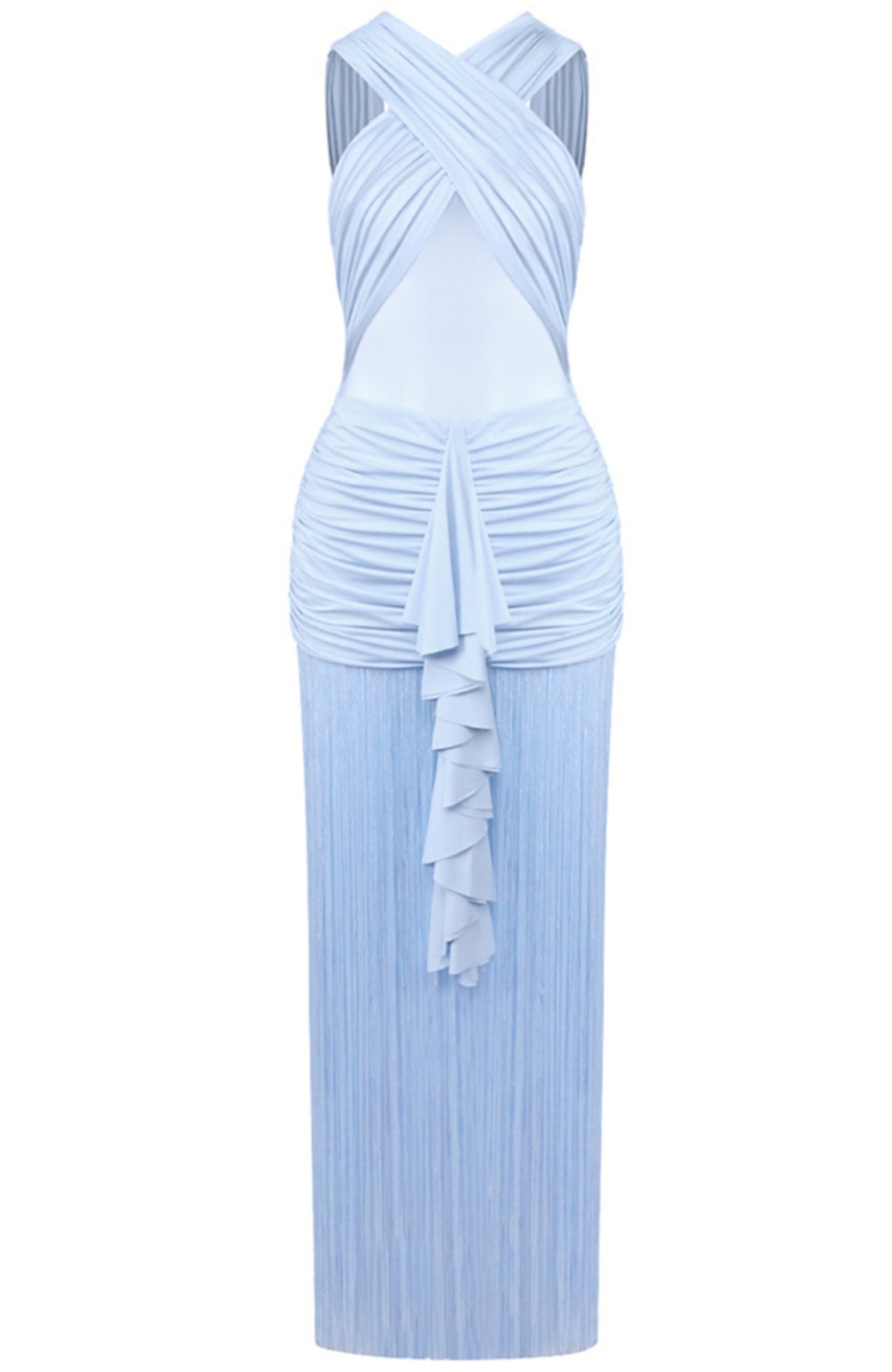 Haeldrin Draped Ruffle Tassel Maxi Dress In Blue