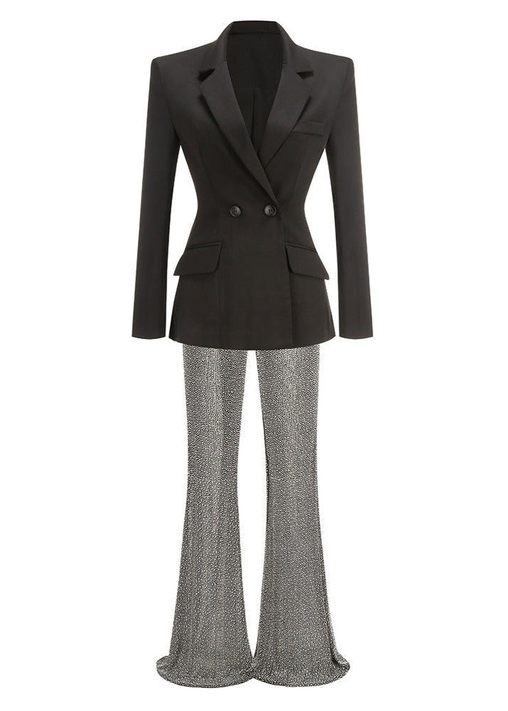 Netia V Neck Long Sleeve Rhinestone Suit In Black