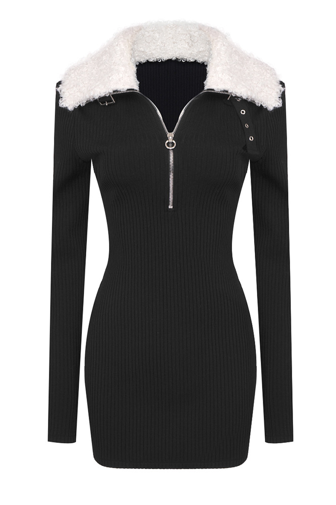 Edmee Fur Collar Zipper Bandage Dress
