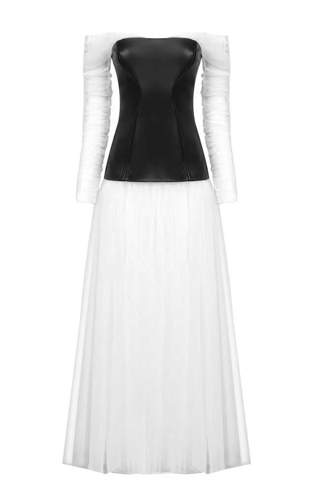 Milada Mesh Patchwork Puffy Maxi Dress In White
