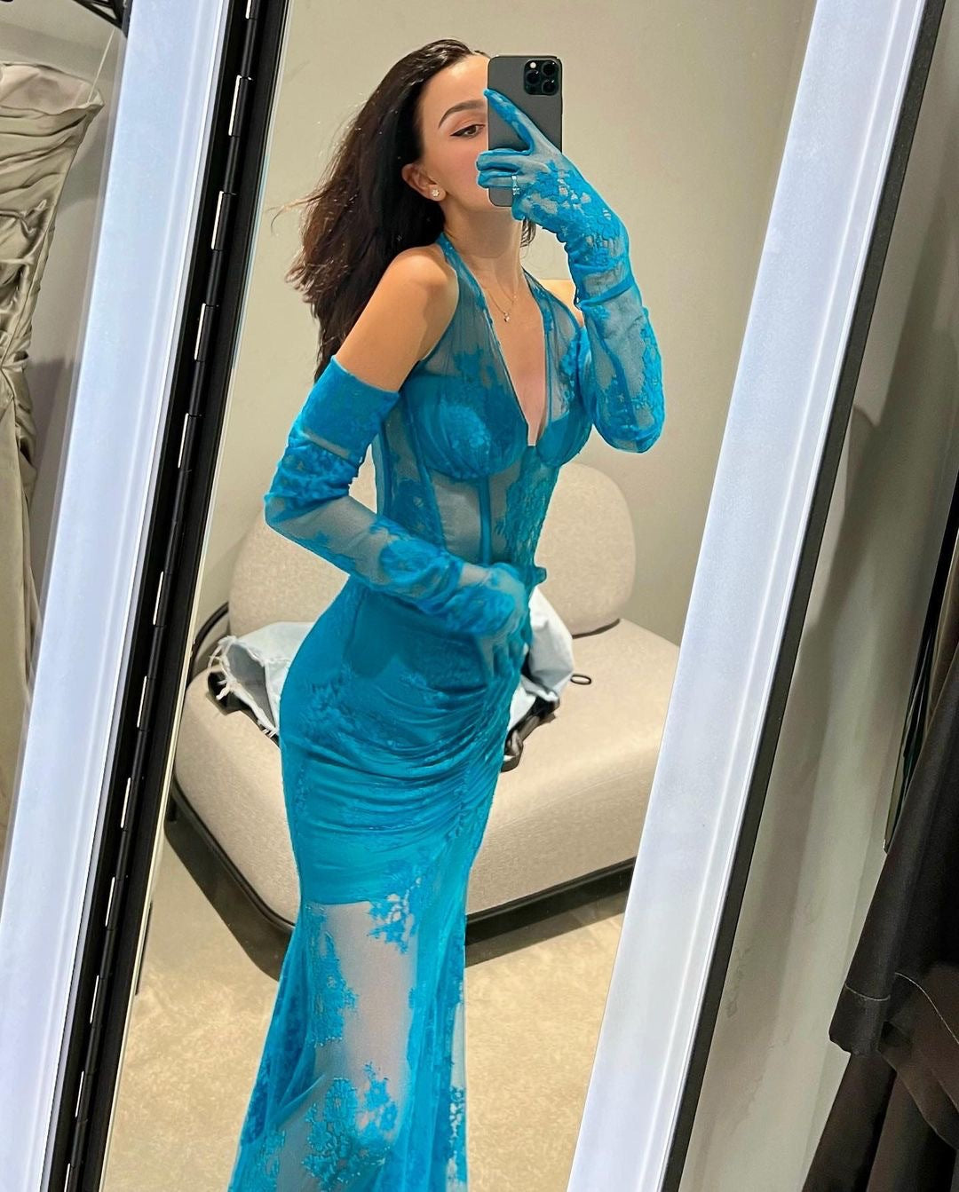 Valeria Lace Halterneck Maxi Dress In Blue