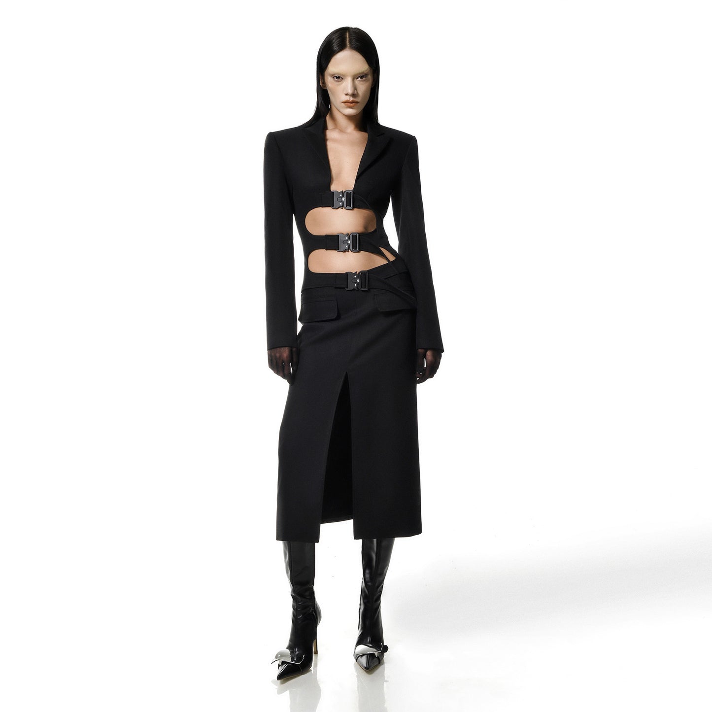 Rayen Button-Button Suit Skirt Two-Piece Set In Black
