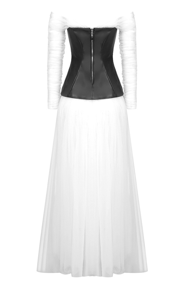 Milada Mesh Patchwork Puffy Maxi Dress In White