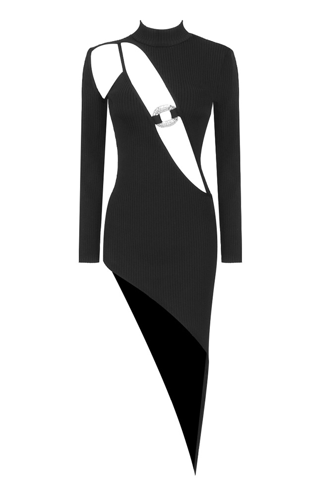 Zamir Crystal Buckle Cutout Asymmetrical Knit Dress