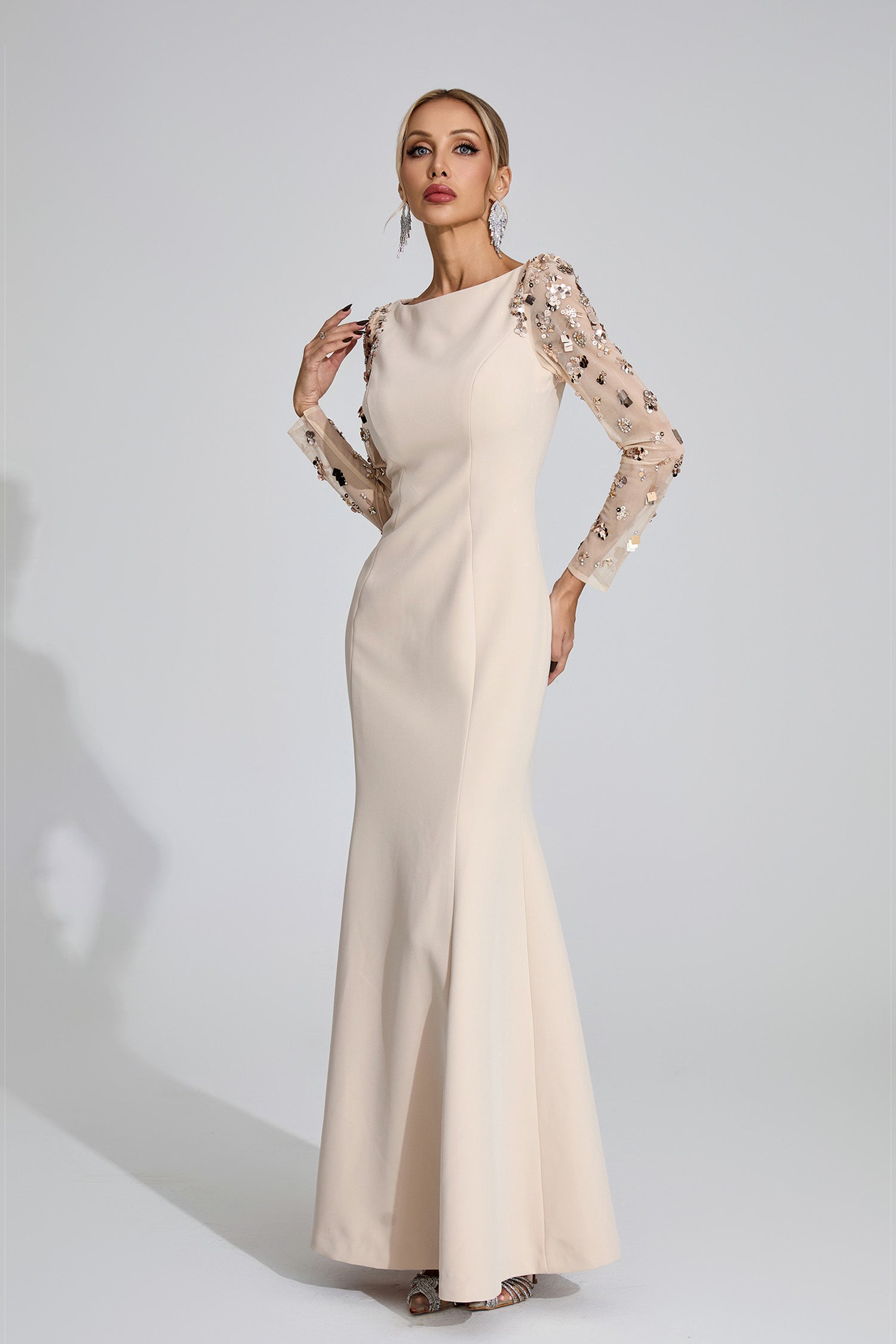 apricot evening dresses WEDTREND Women Apricot Mother Of The Bride Dress V Neck Formal Dress With Appliques, Apricot / US16W