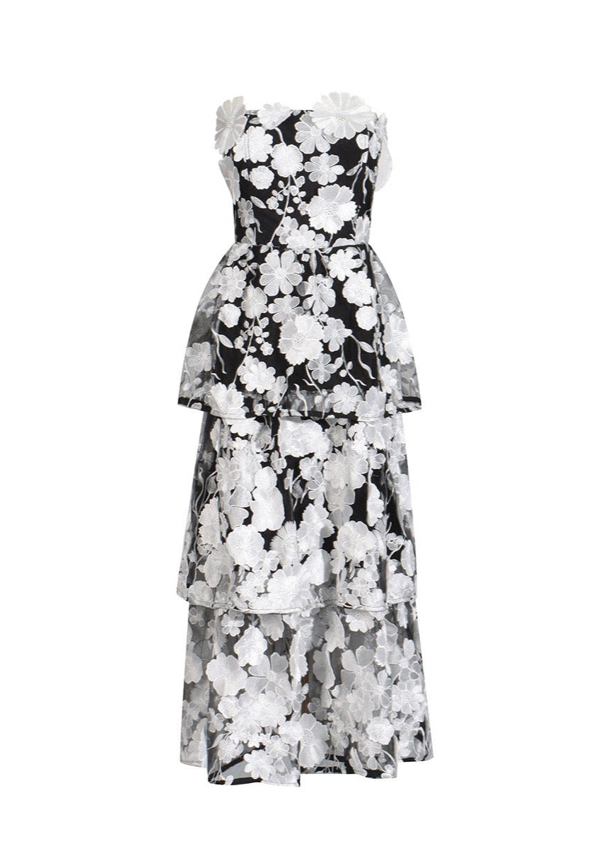 Pashaie 3D Flower Tiered Maxi Dress In Black