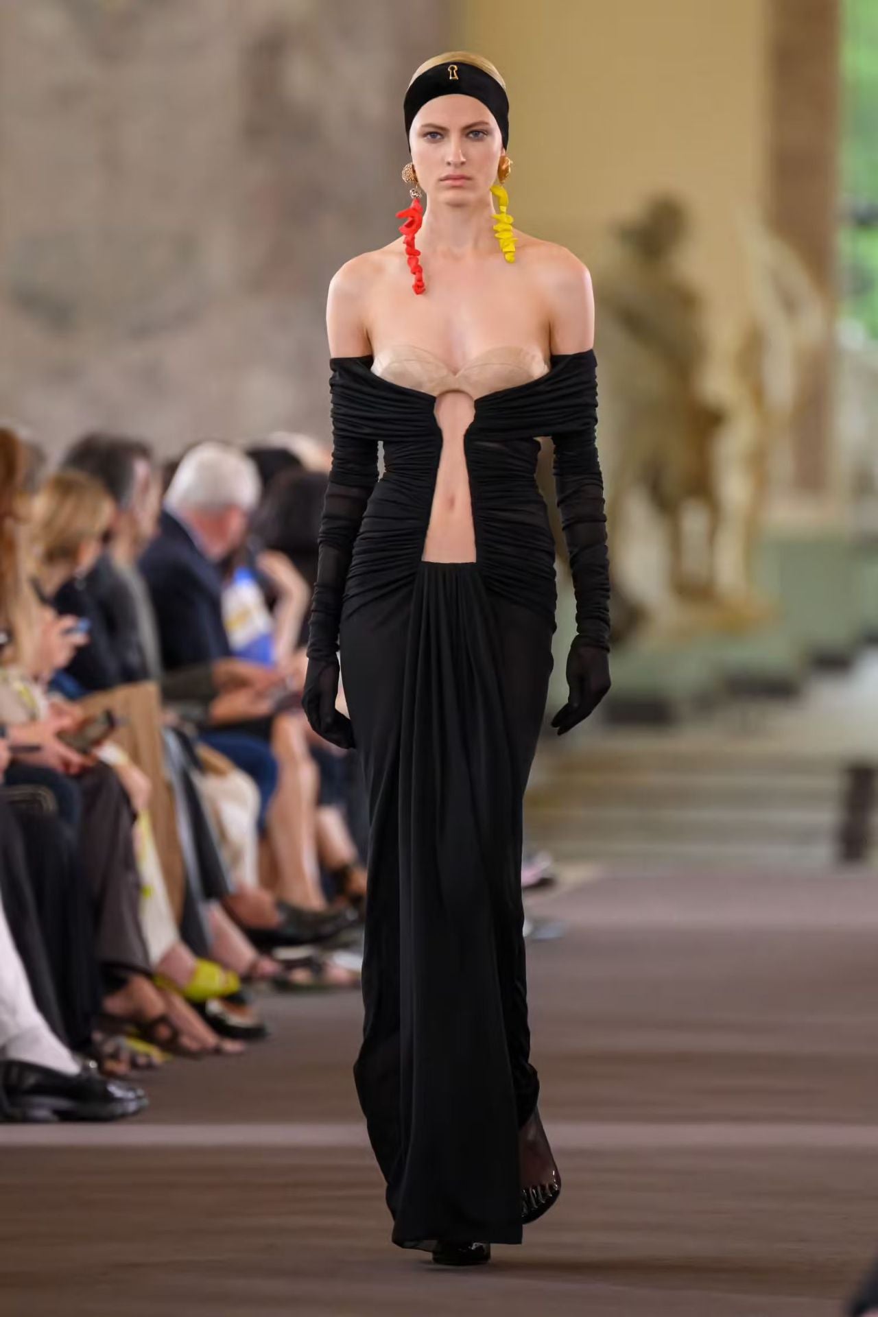 Gloria Long Sleeve Bustier Ruched Mesh Maxi Dress In Black