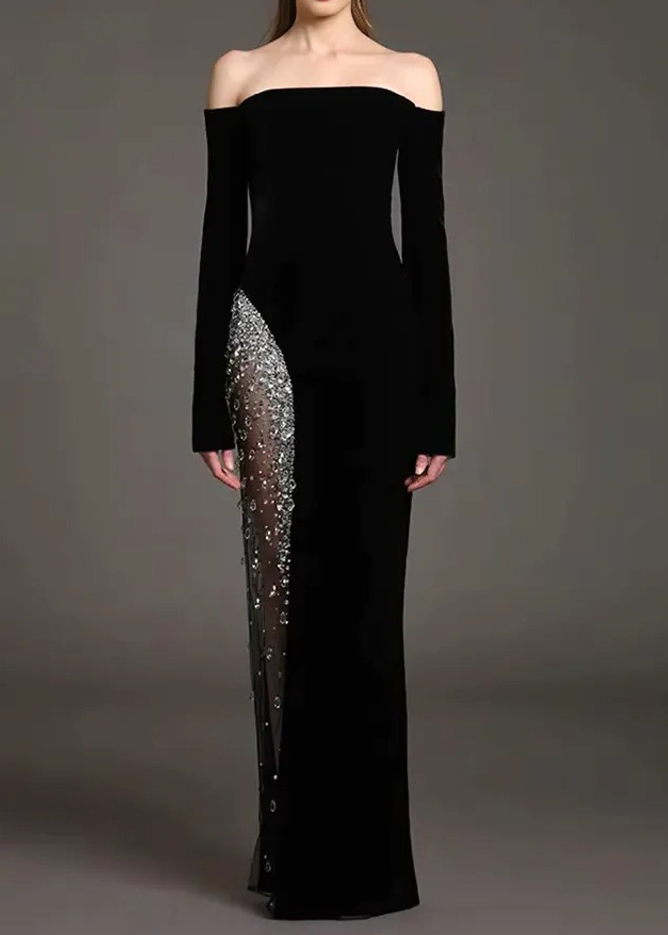 Saelith Long Sleeve Bardot Crystal Mesh Maxi Dress In Black XL Saelith Long Sleeve Bardot Crystal Mesh Maxi Dress In Black XL