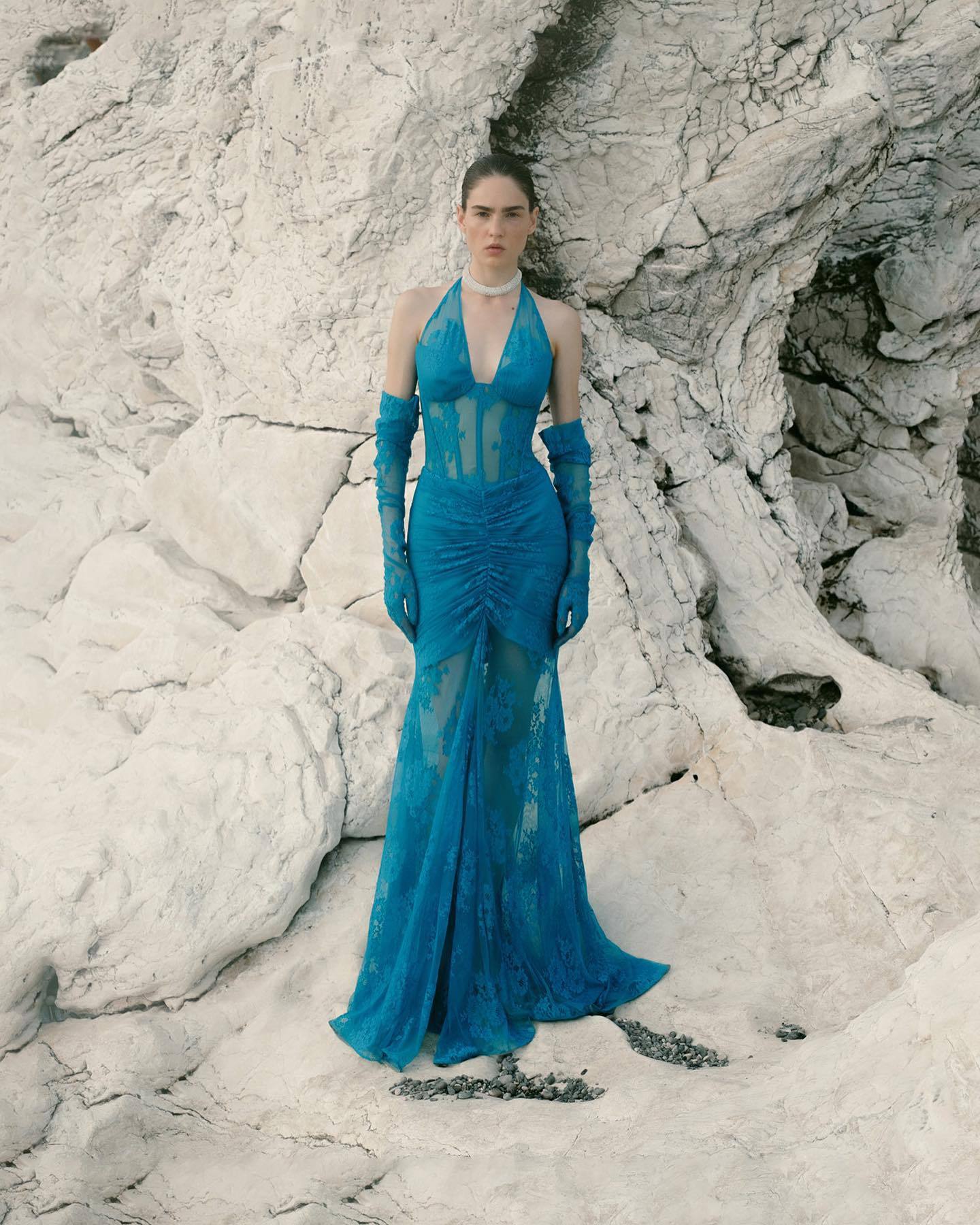 Valeria Lace Halterneck Maxi Dress In Blue