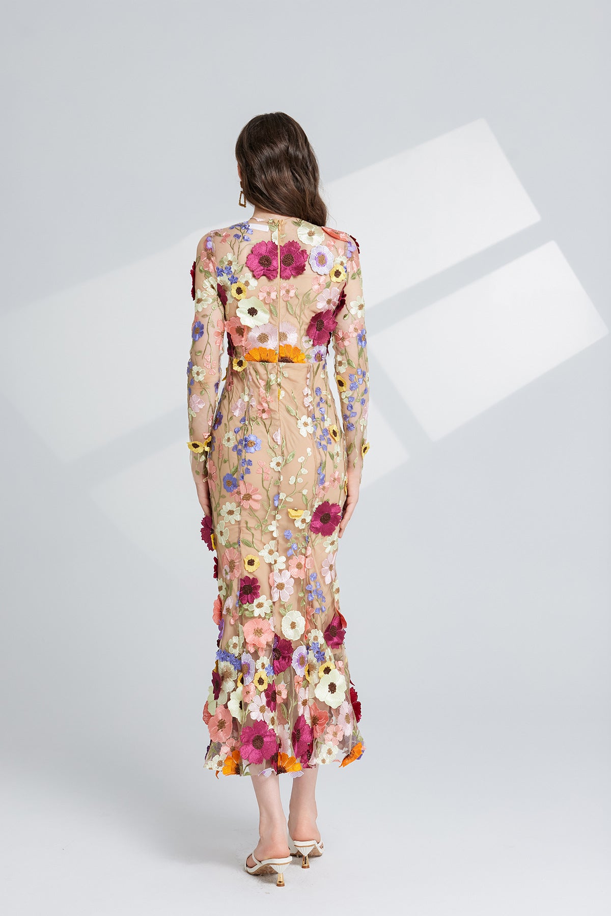Thalvix Floral Embroidery Mesh Long Sleeve Midi Dress In Apricot
