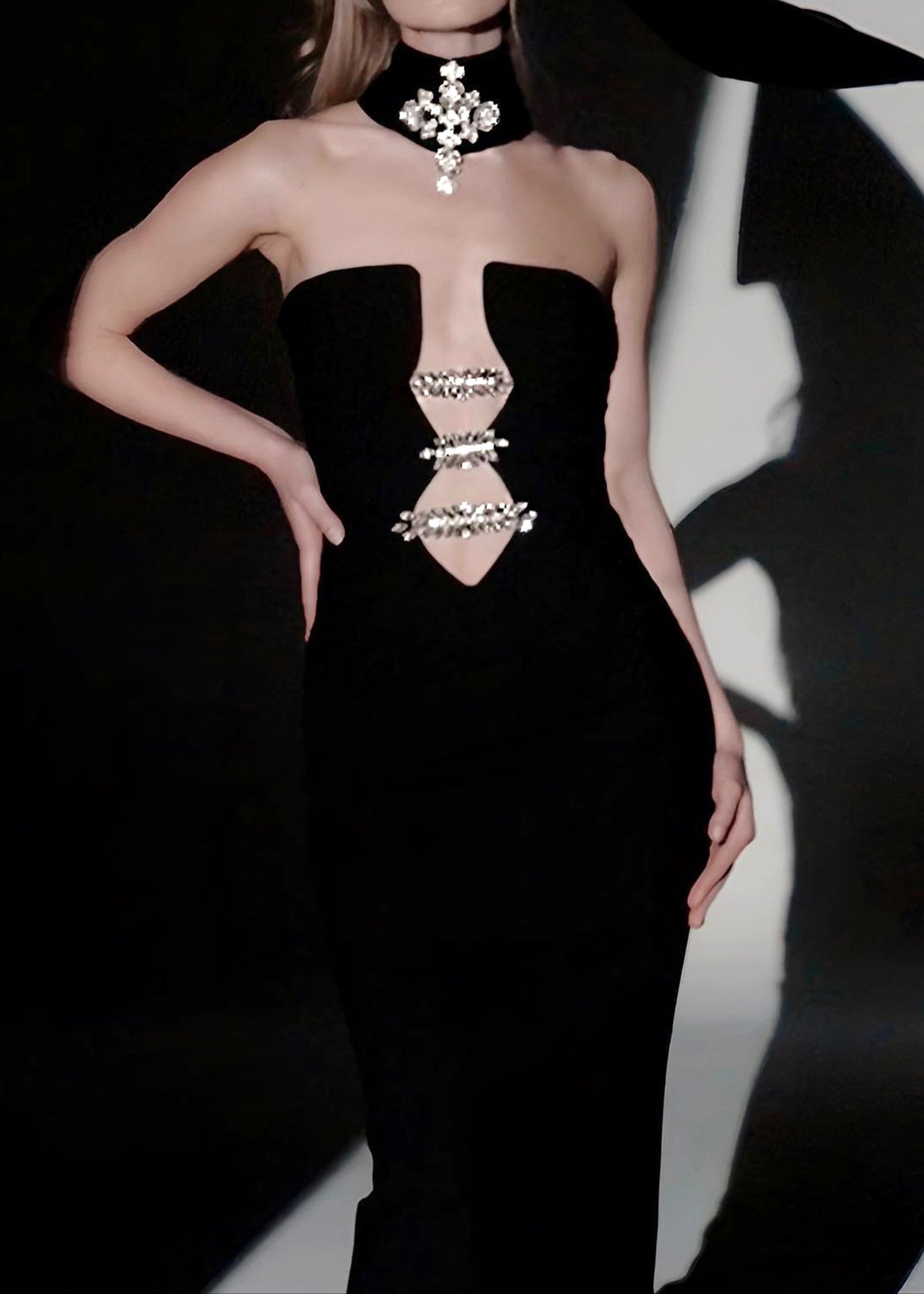Aistys Strapless Crystal Choker Maxi Dress In Black