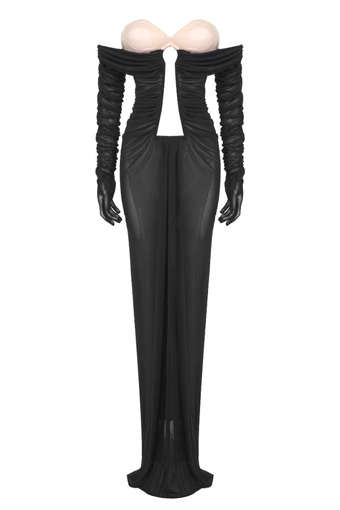 Gloria Long Sleeve Bustier Ruched Mesh Maxi Dress In Black