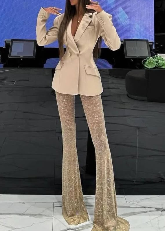 Netia V Neck Long Sleeve Rhinestone Suit In Black