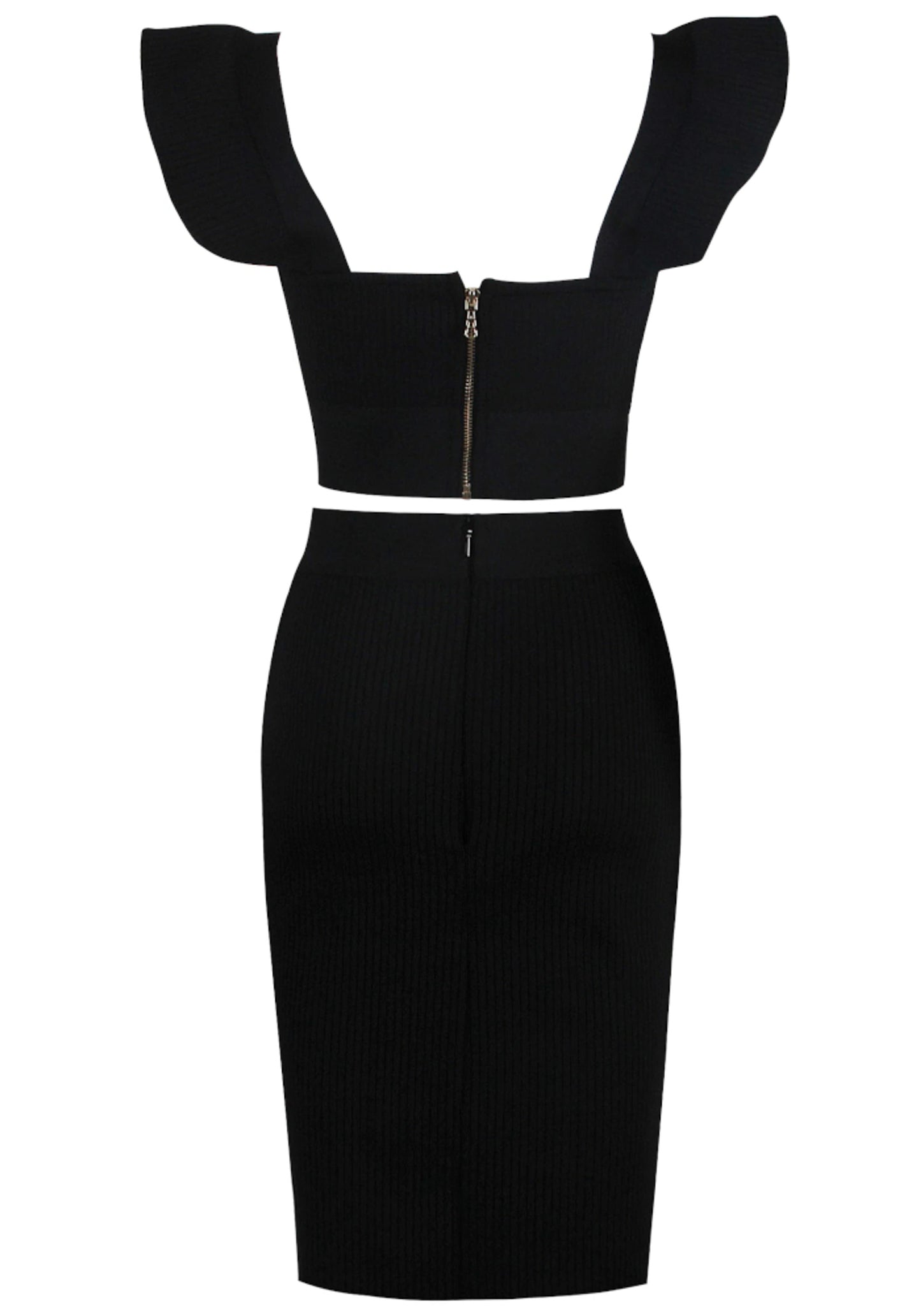 Rawan Ruffle Detail Ribbed Two Piece Midi Dress In Black