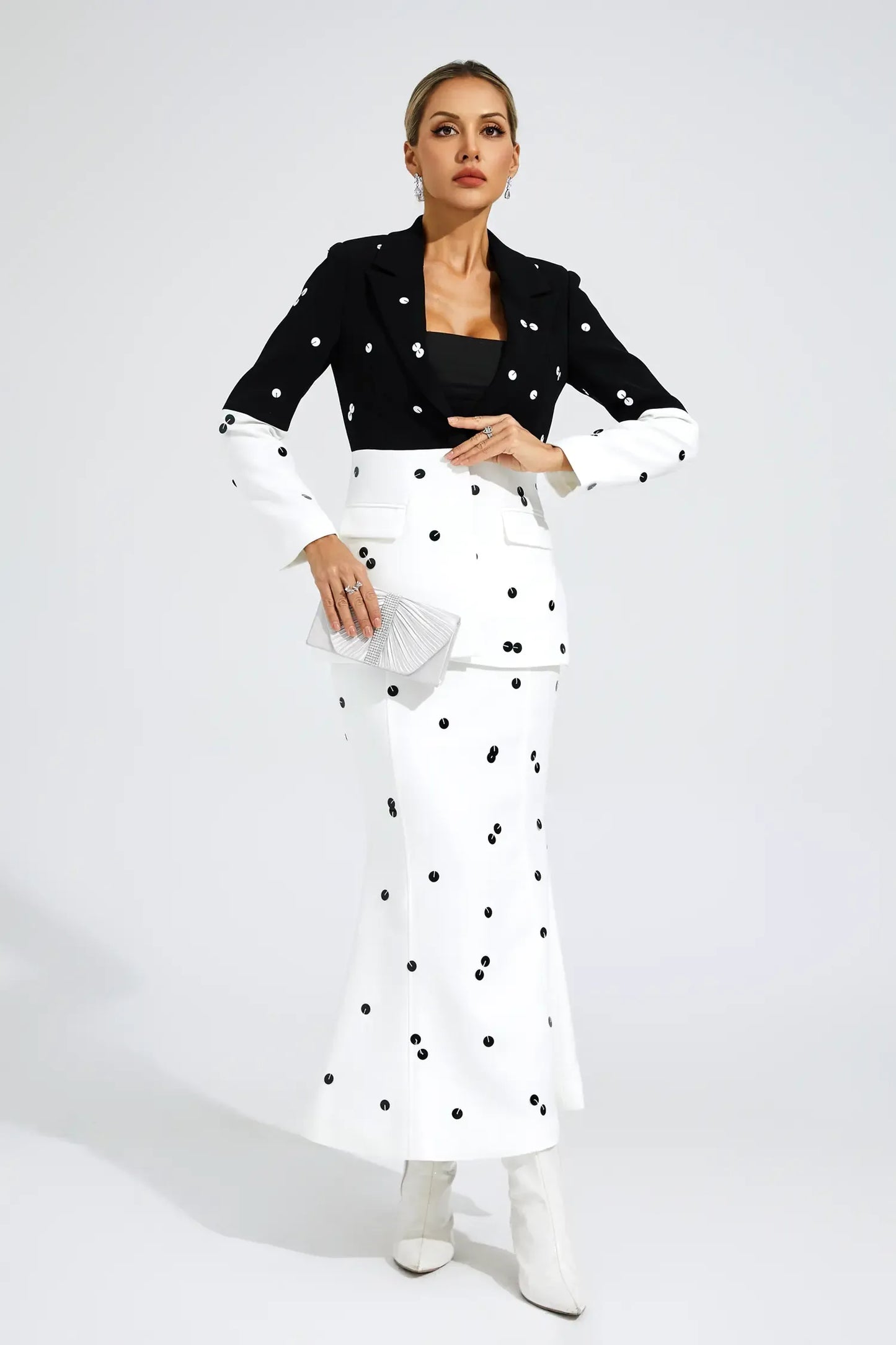 Daryle Polka Dot Sequins Blazer Set In White