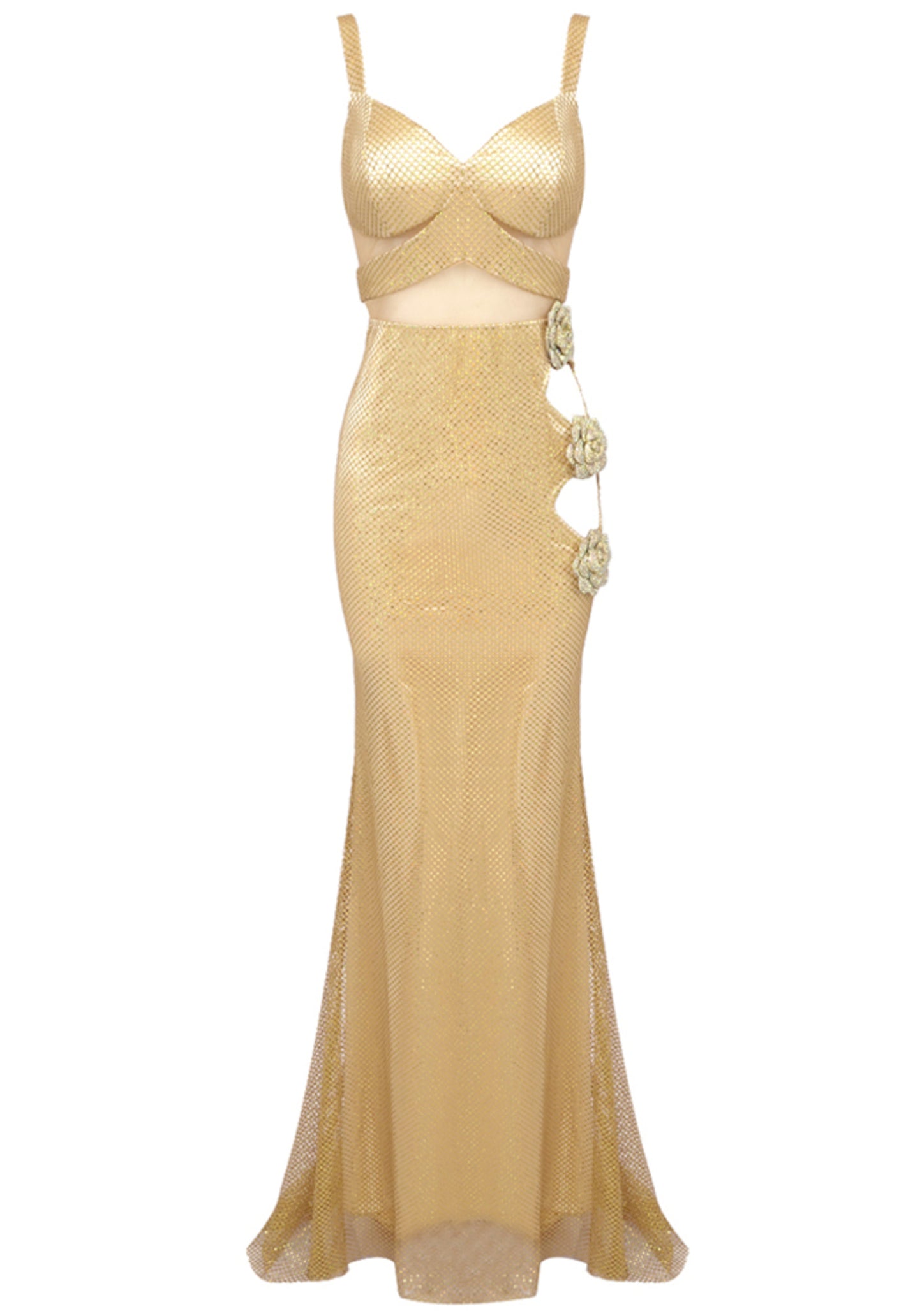 Gryviel Floral Detail Sparkly Maxi Dress In Gold