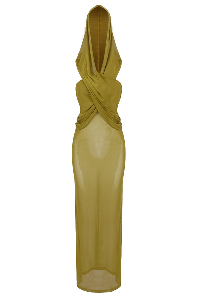 Kareem Hooded Mesh Backless Maxi Dress