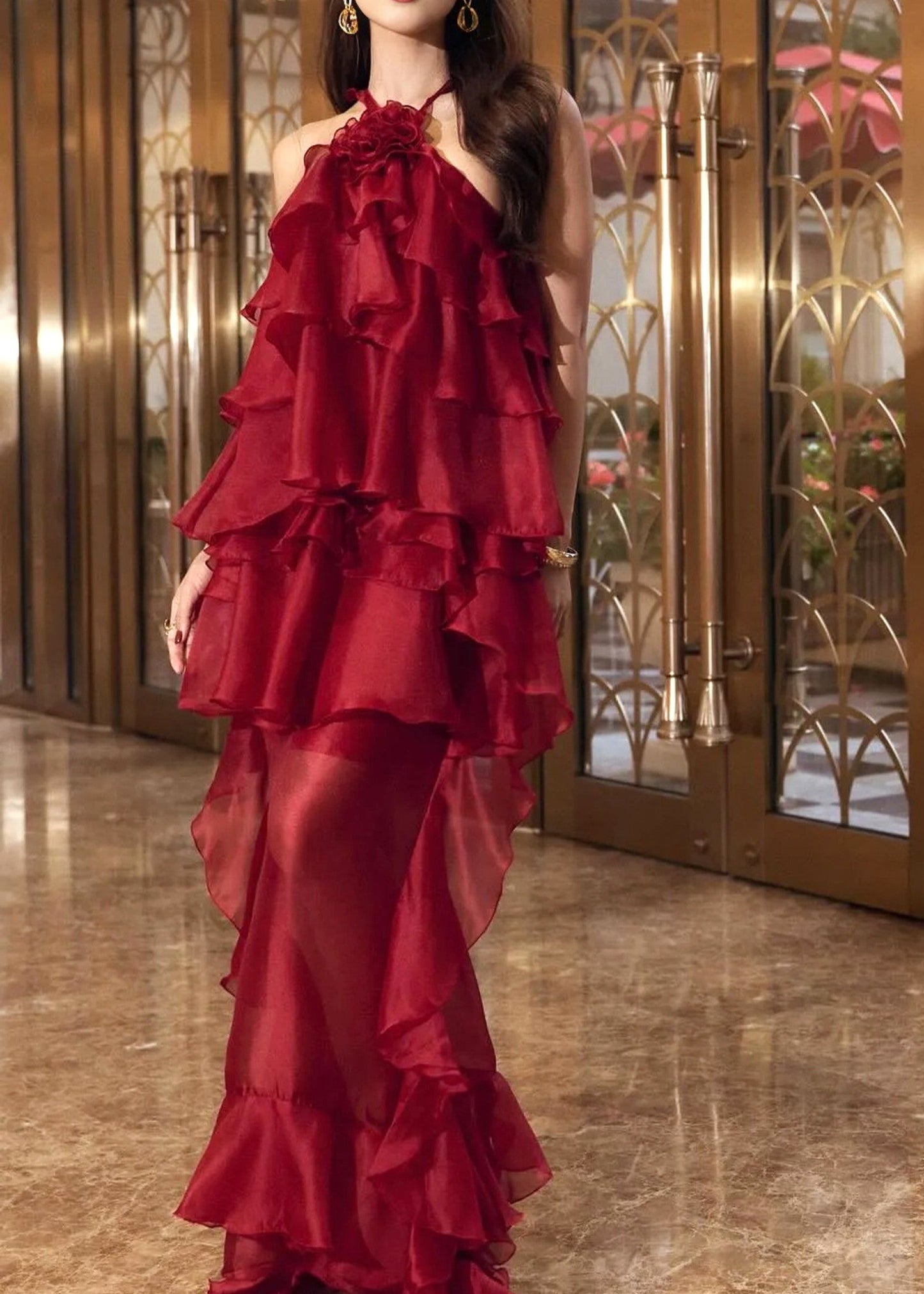 Brysalis Halter Floral Ruffle Maxi Dress In Red