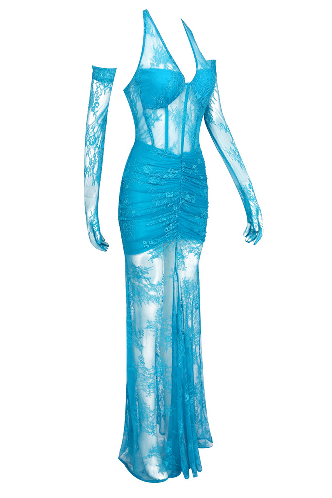 Valeria Lace Halterneck Maxi Dress In Blue