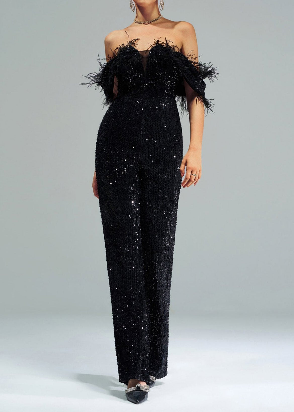 Sequin off the shoulder jumpsuit online