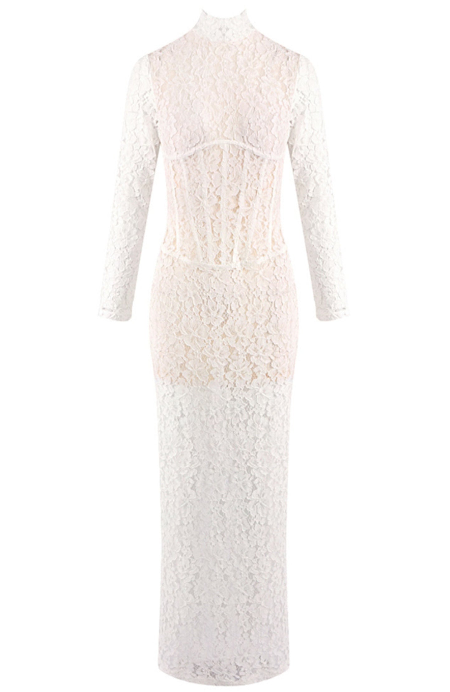 Heyren Long Sleeve Structured Lace Maxi Dress In White