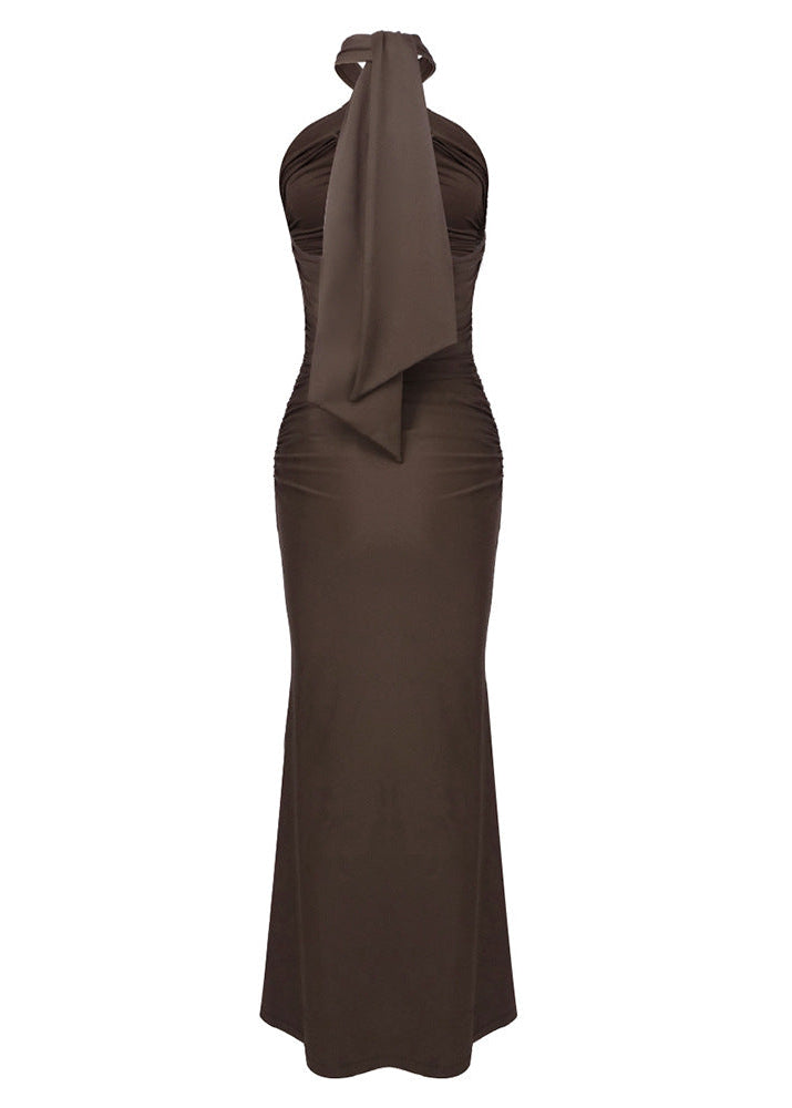 Lithany Halter Ruched Maxi Dress In Brown