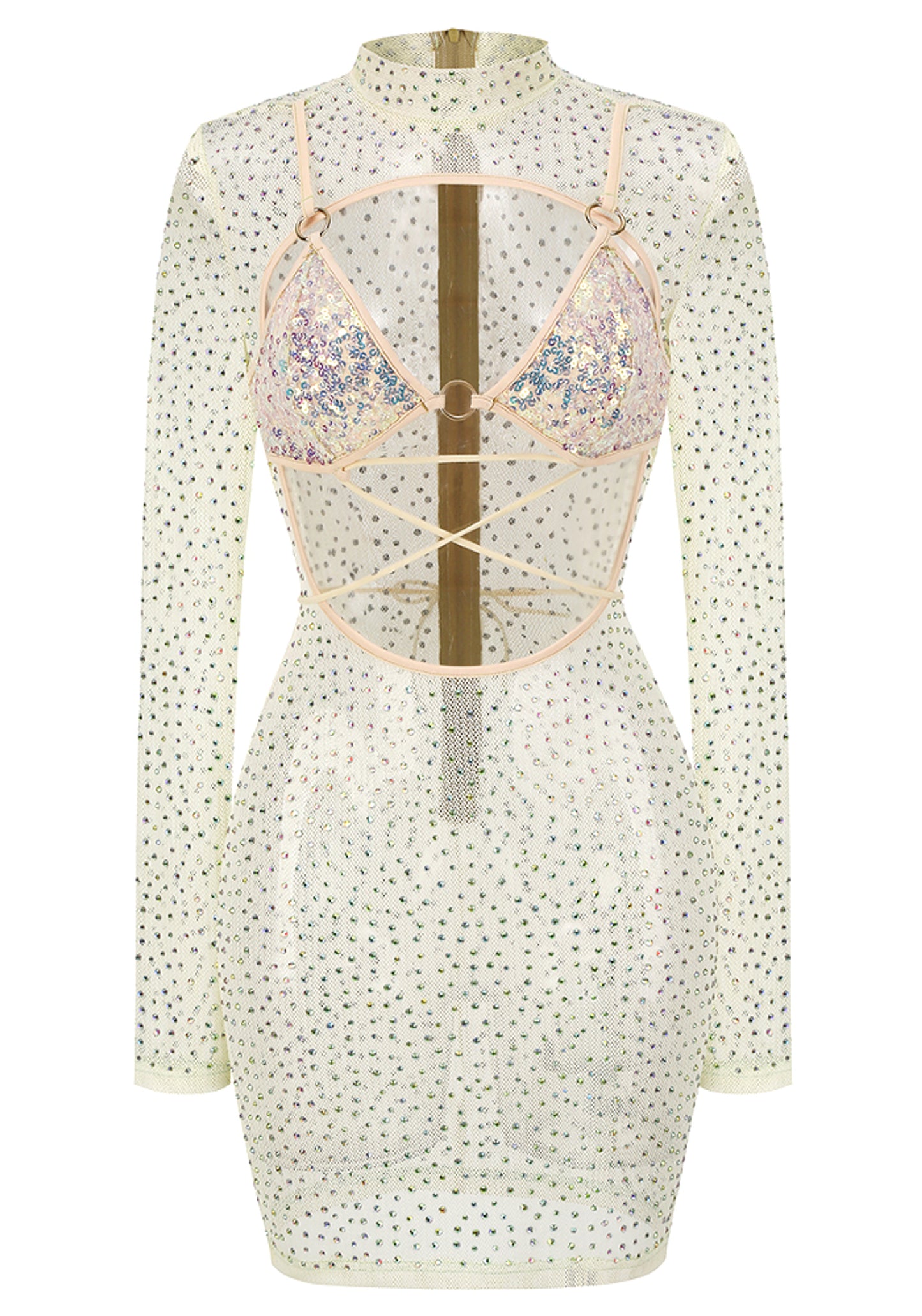 Laurinete Long Sleeve Sequin Crystal Mini Dress In Ivory
