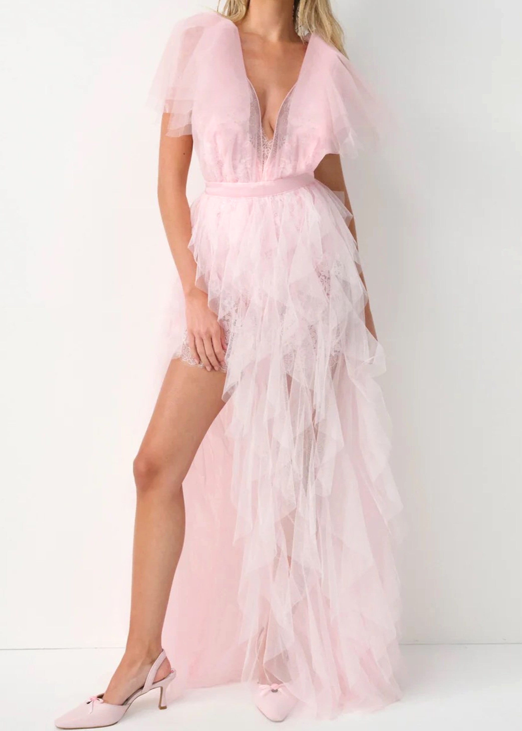 Balthion Lace insert Mesh Ruffle Maxi Dress In Pink Night Novas Balthion Lace insert Mesh Ruffle Maxi Dress In Pink Night Novas