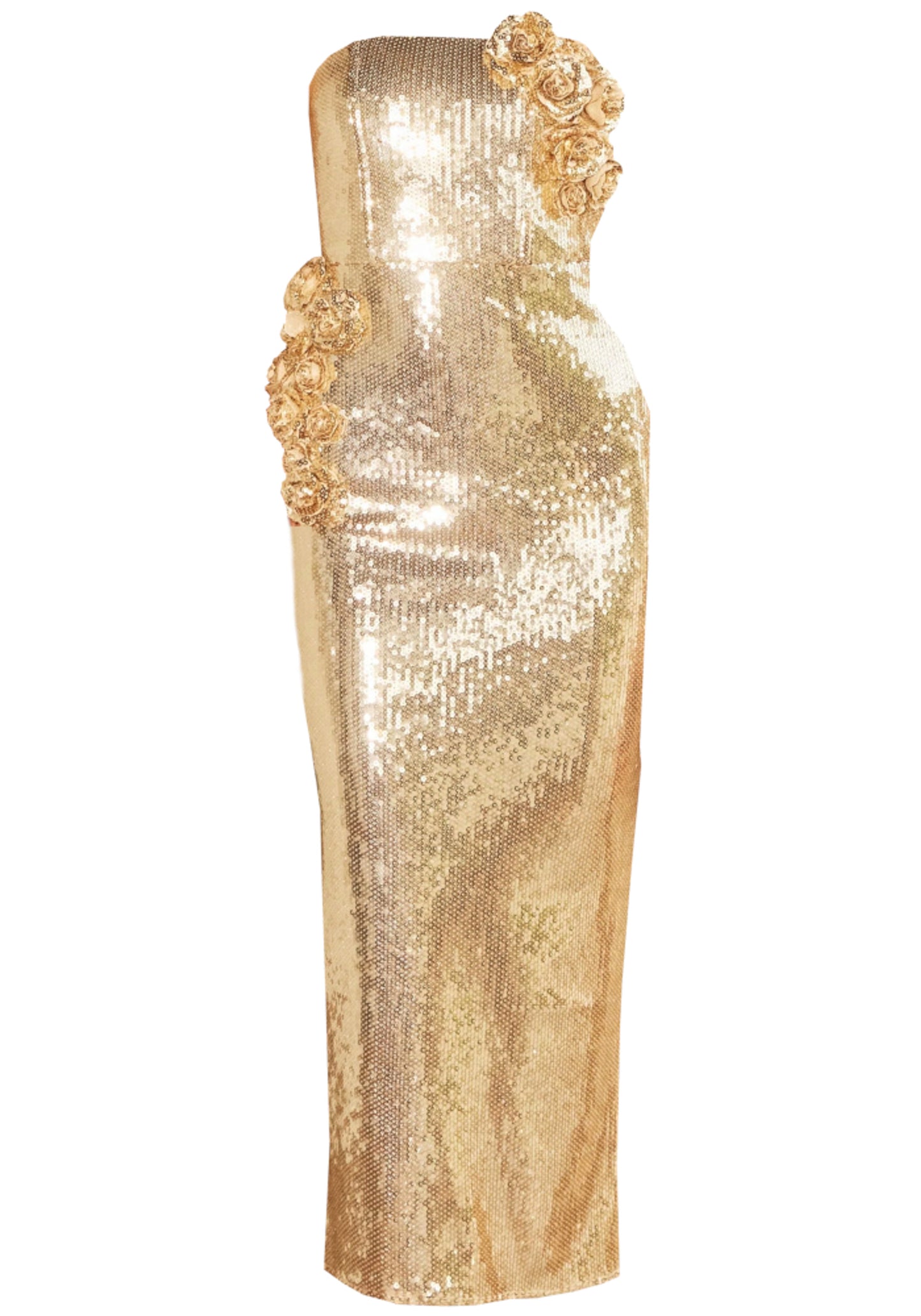 Blythar Strapless Floral Sequin Midi Dress In Gold