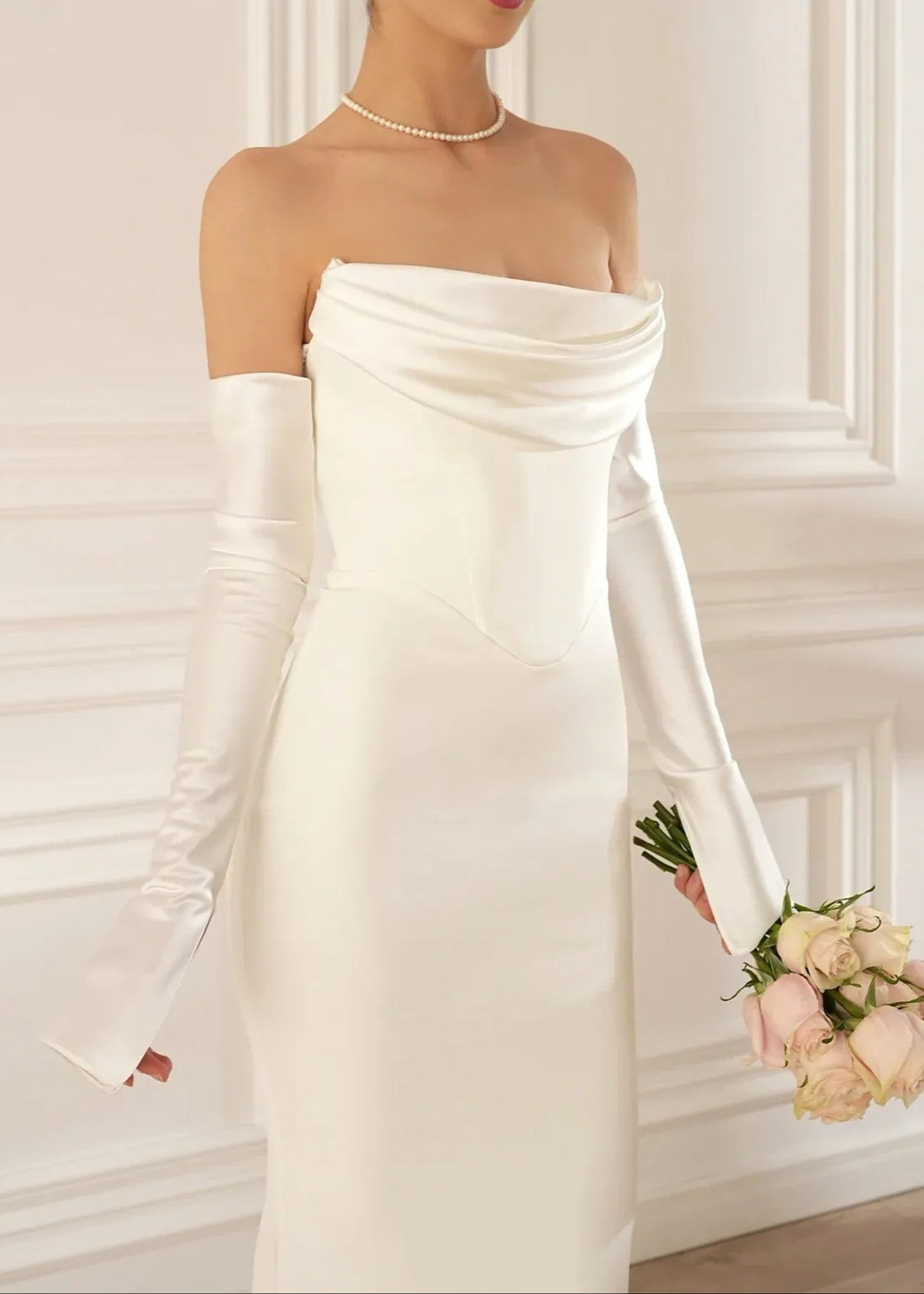 Radka Long Sleeve Strapless Draped Maxi Dress In White