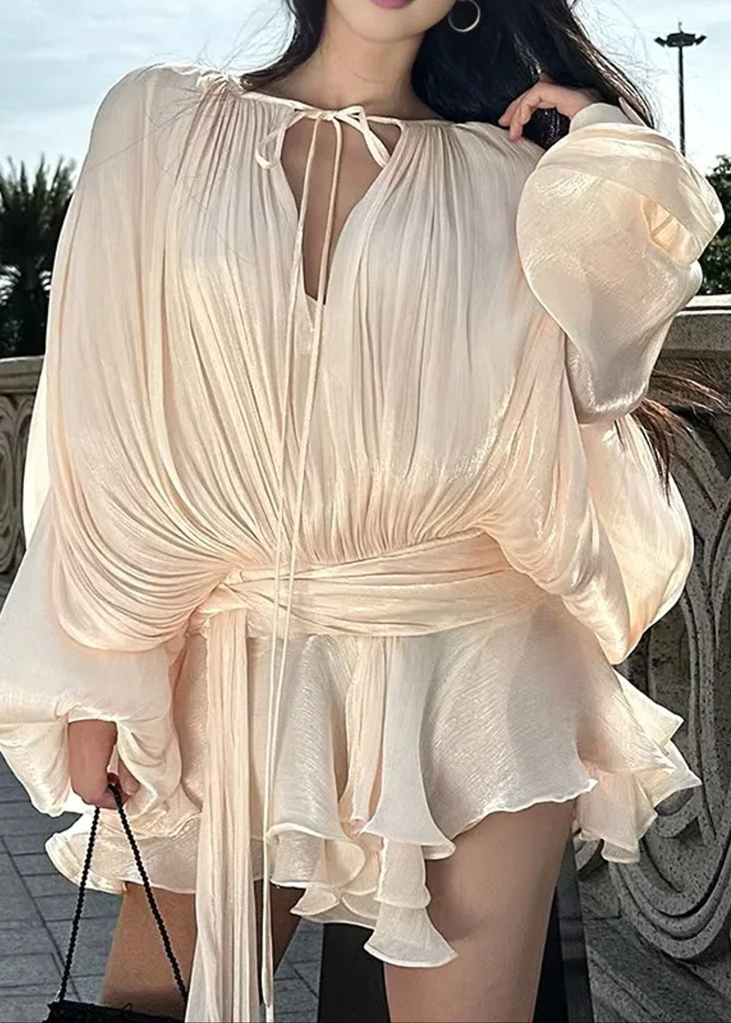 Liorahelle Long Sleeve Draped Ruffle Two Piece Dress In Ivory