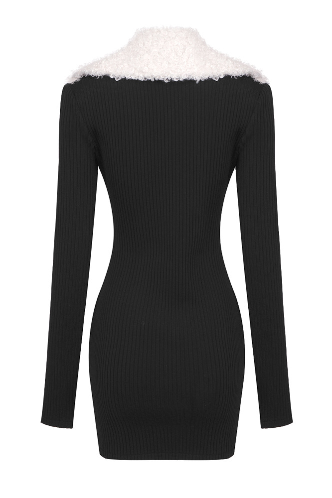 Edmee Fur Collar Zipper Bandage Dress