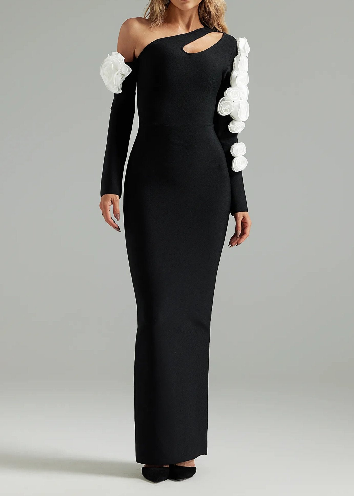 Patricia One Shoulder Flower Embellished Cutout Bandage Maxi Dress In Black L Patricia One Shoulder Flower Embellished Cutout Bandage Maxi Dress In Black L