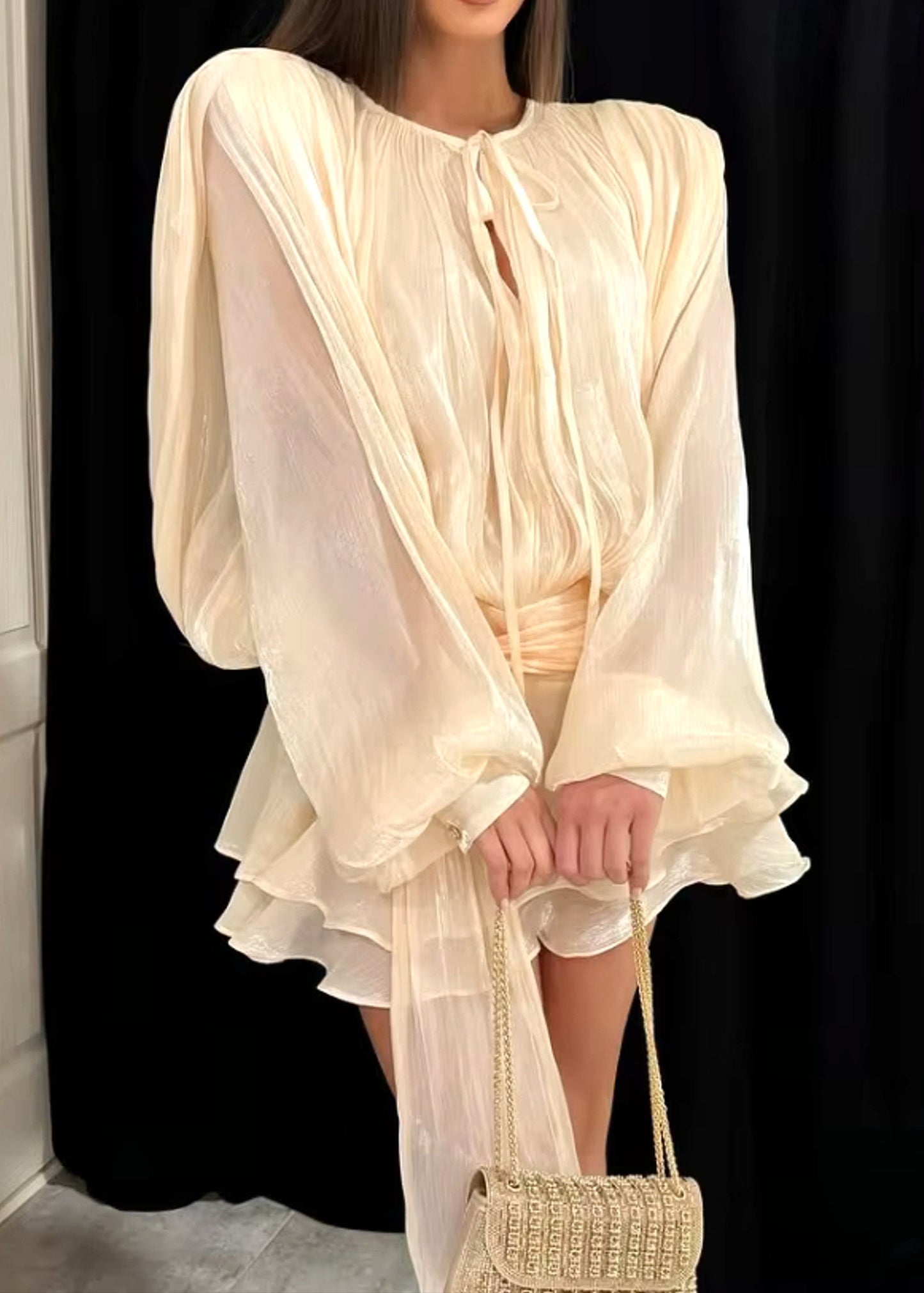 Liorahelle Long Sleeve Draped Ruffle Two Piece Dress In Ivory