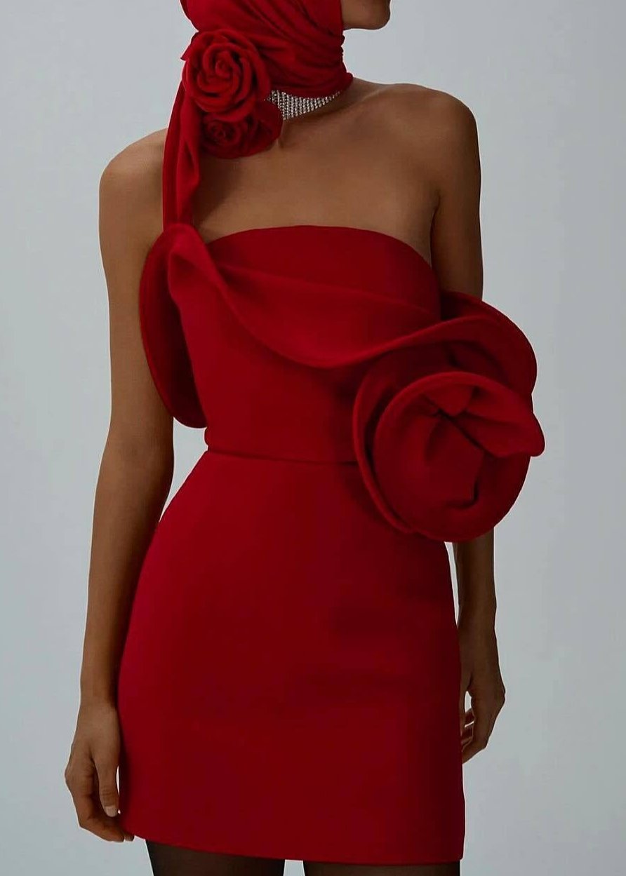 Yenphan Sculptural Rose Mini Dress In Red Night Novas Yenphan Sculptural Rose Mini Dress In Red Night Novas