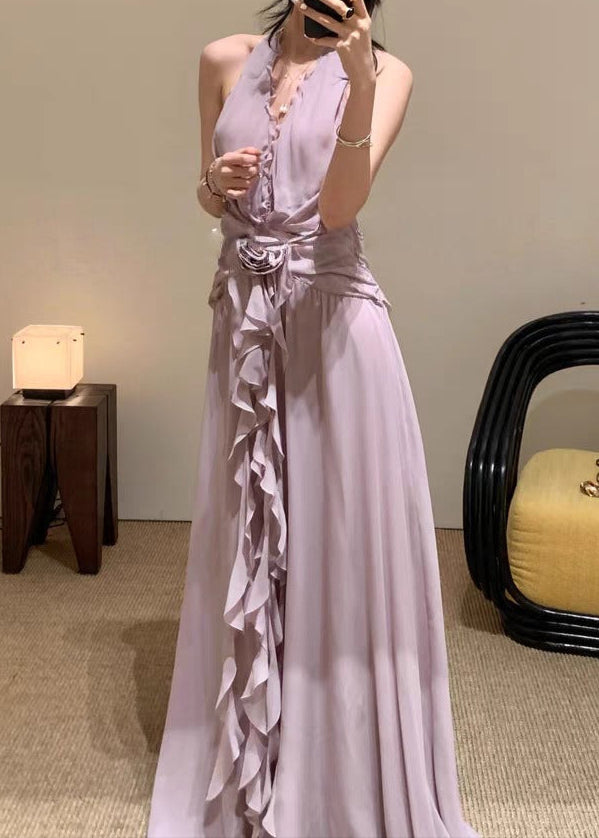 Cyvrix Floral Ruffle Halter Maxi Dress In Purple