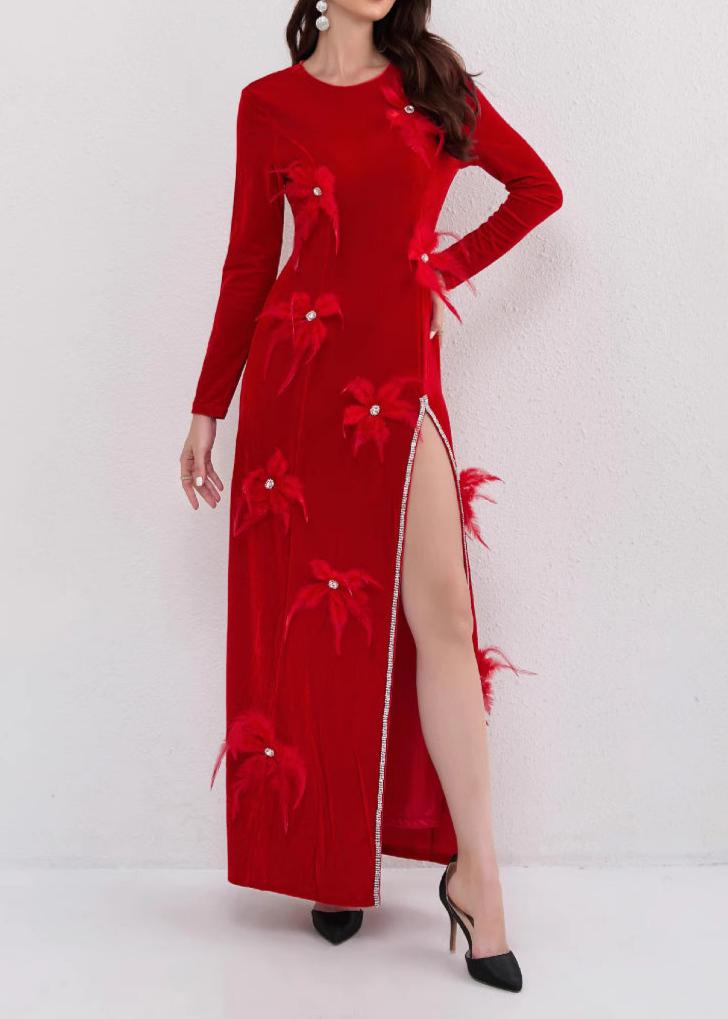 Ruzevich 3D Feather Flower Velvet Maxi Dress In Red