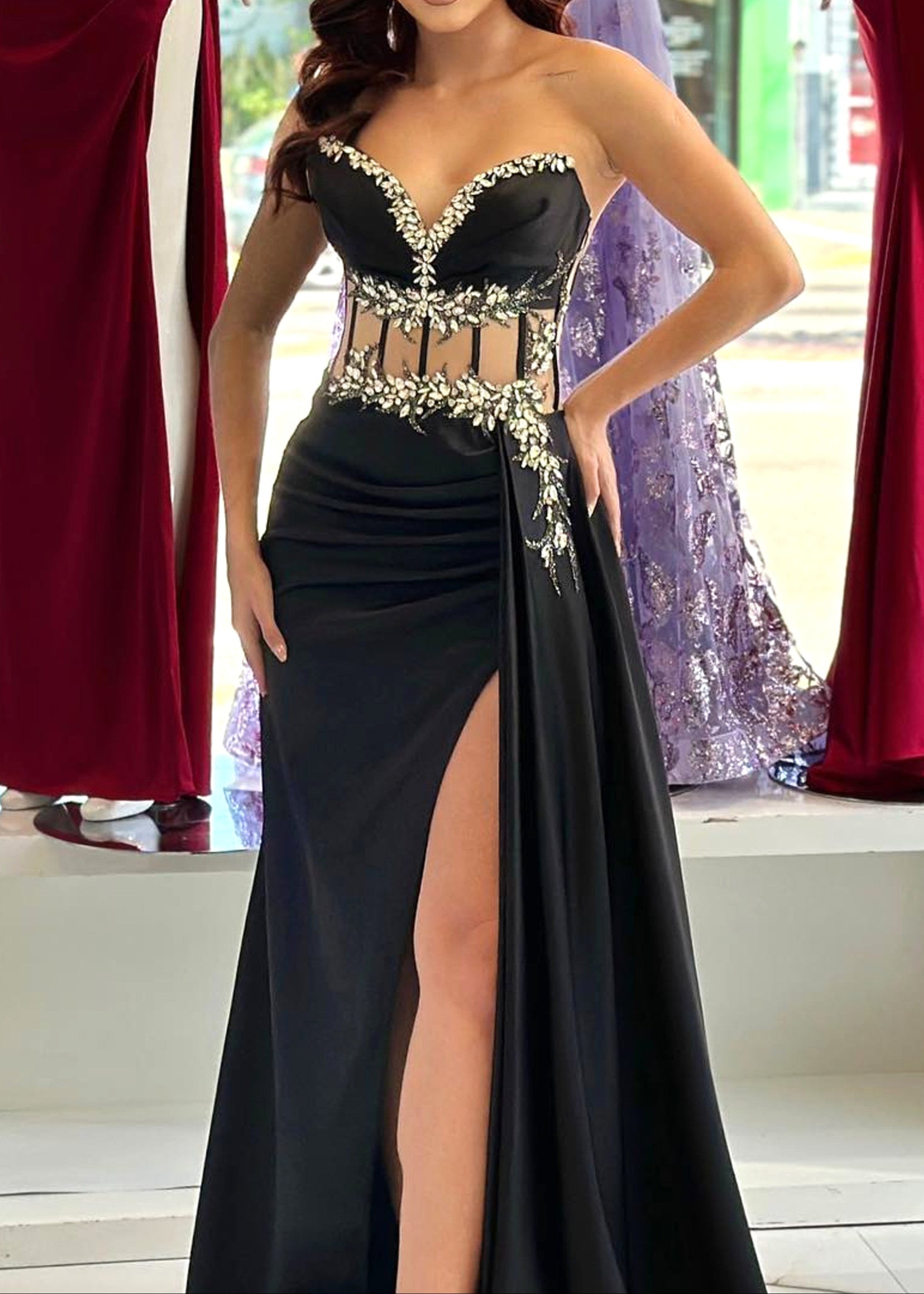 Eliette Strapless Crystal Floral Corset Maxi Velvet Dress In Black – Night Novas