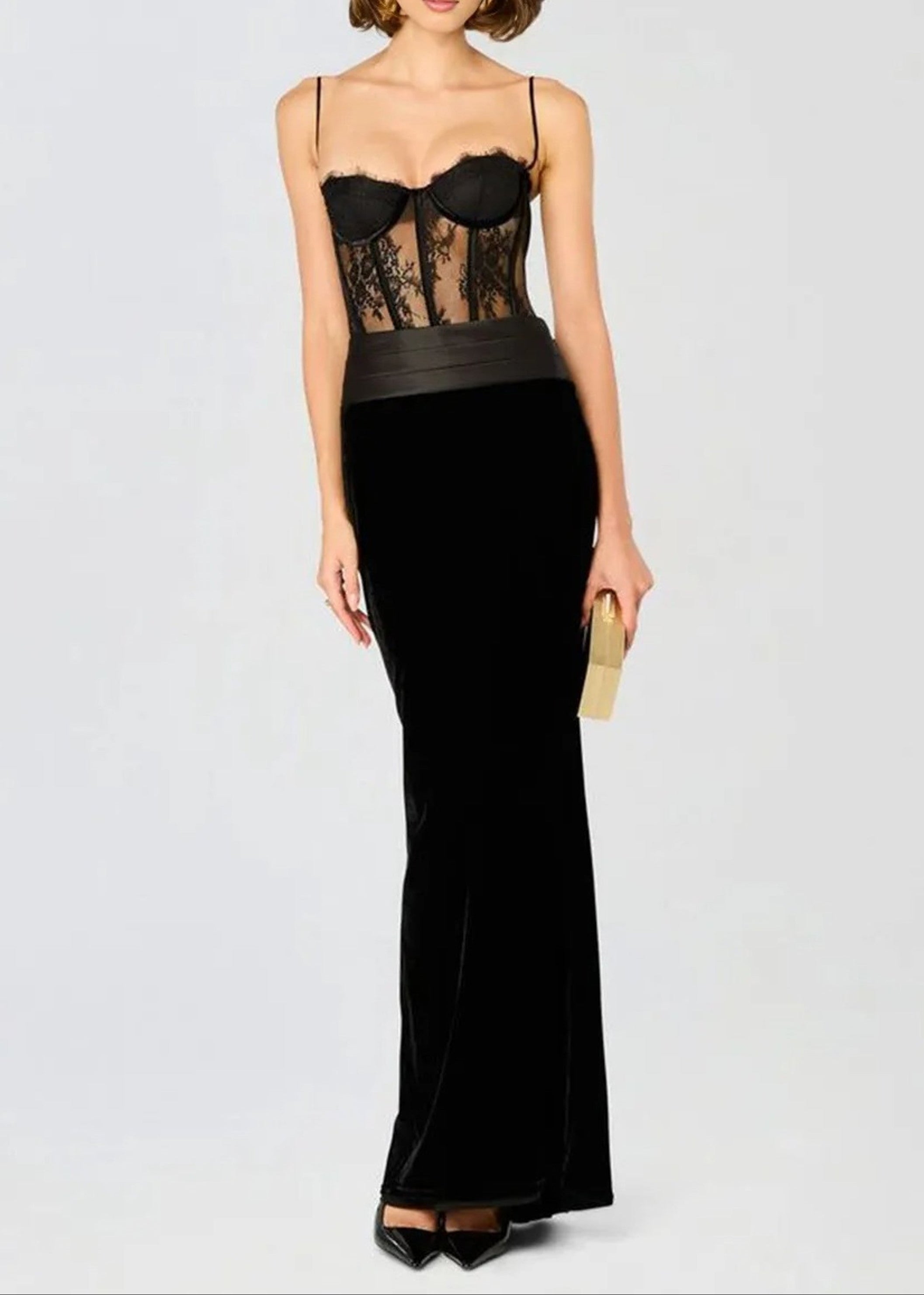 Mariela Lace Corset Maxi Velvet Dress In Black – Night Novas