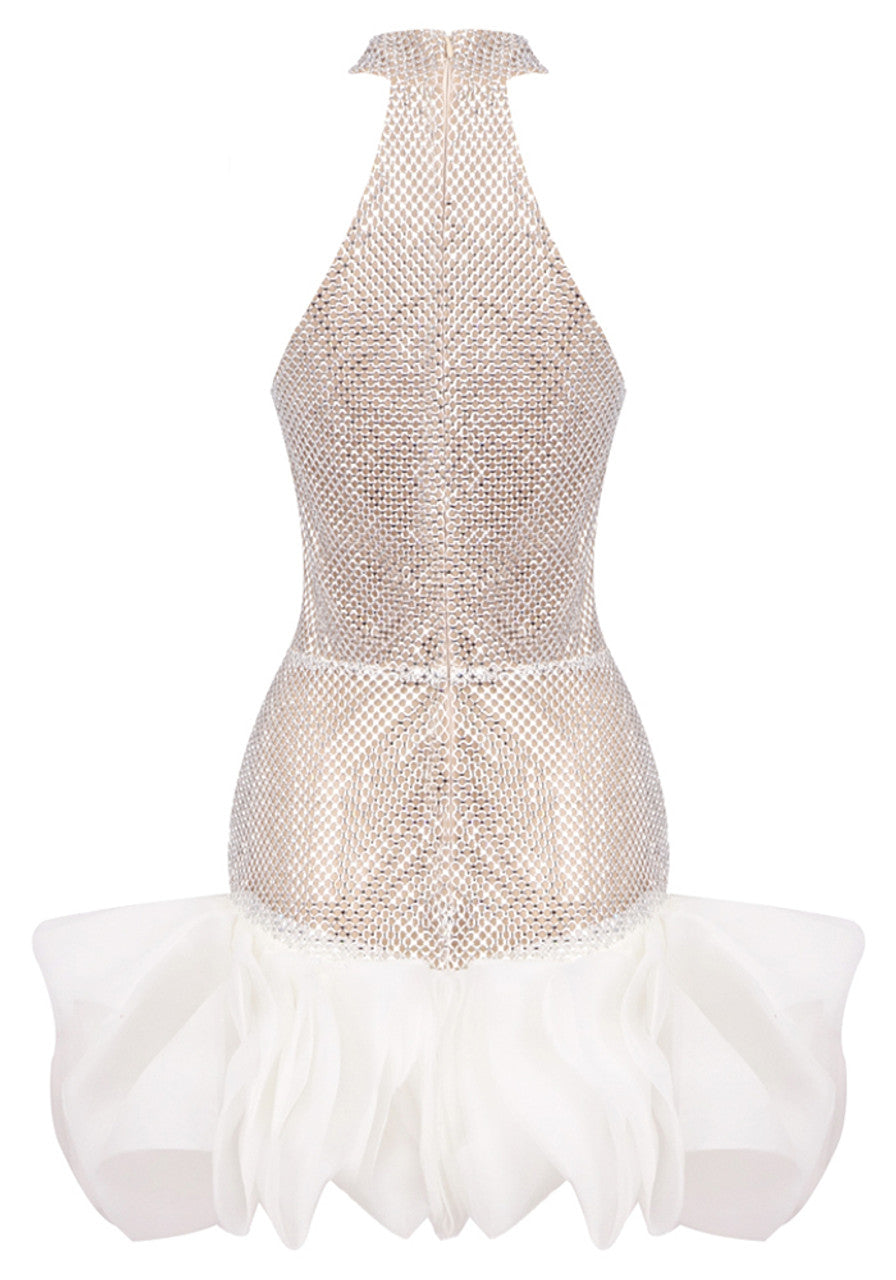 Delgado Halter Crystal Ruffle Mini Dress In White
