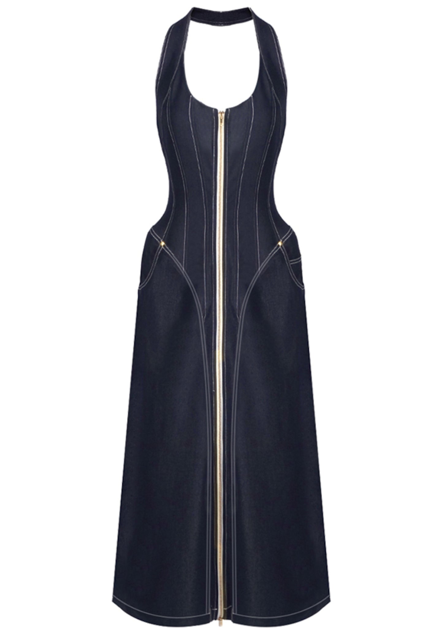 Fyriael Halter Structured A Line Maxi Denim Dress In Black