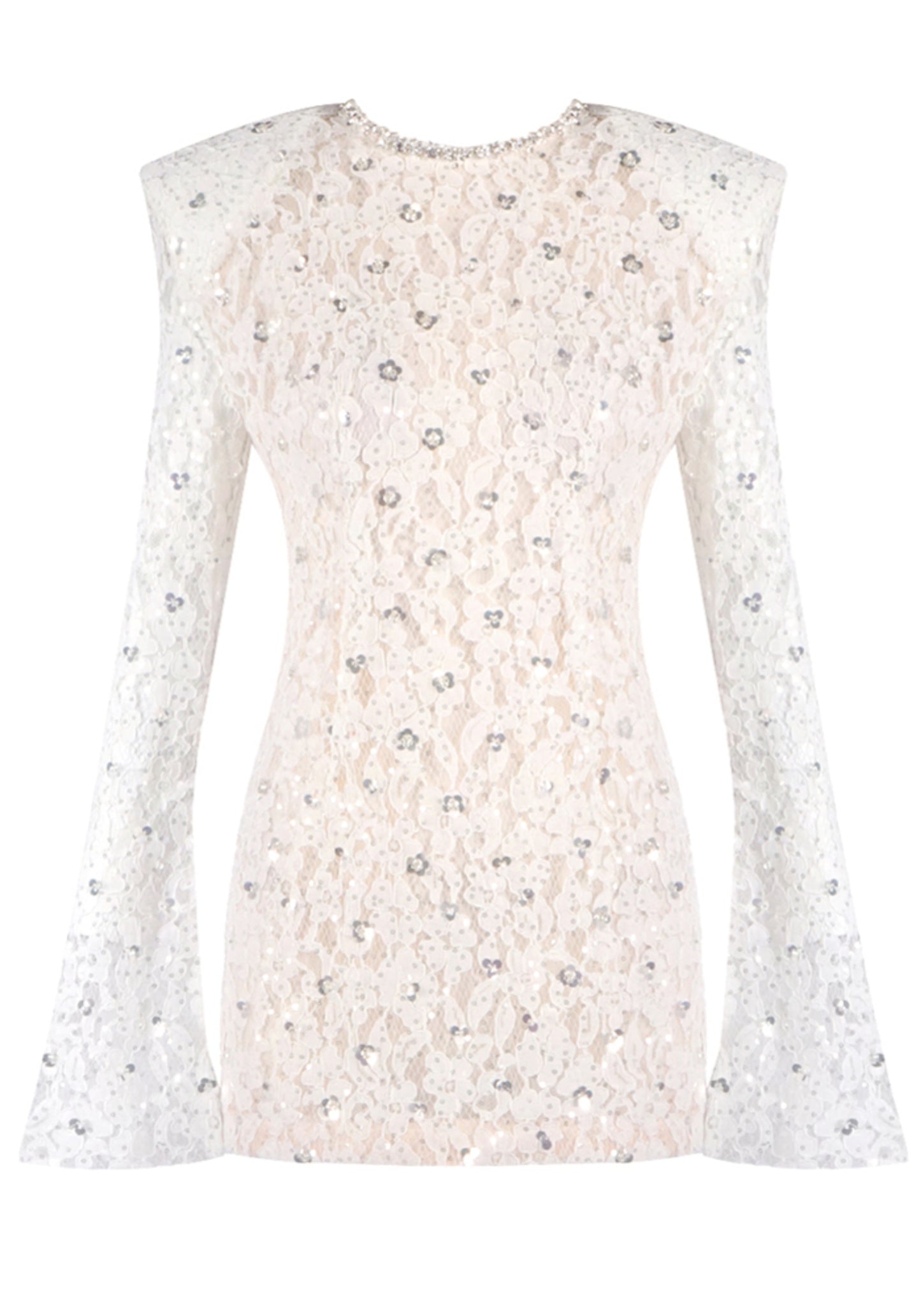 Jyrithia Long Sleeve Draped Sequin Lace Mini Dress In White