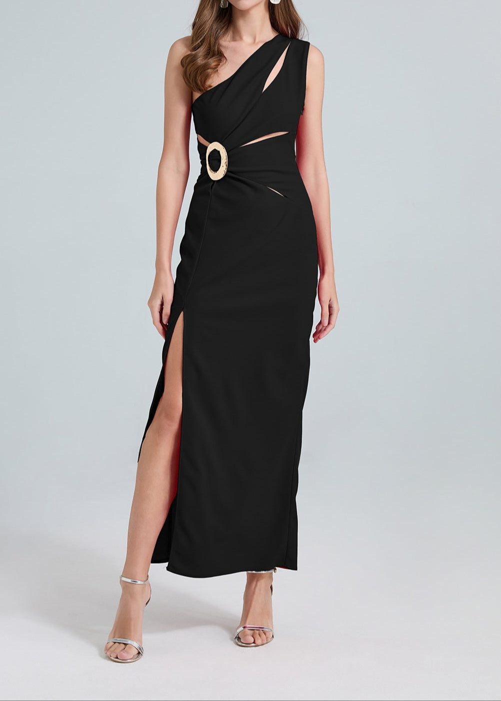 Nebraska One-Shoulder Cutout Side Slit Maxi Dress In Black