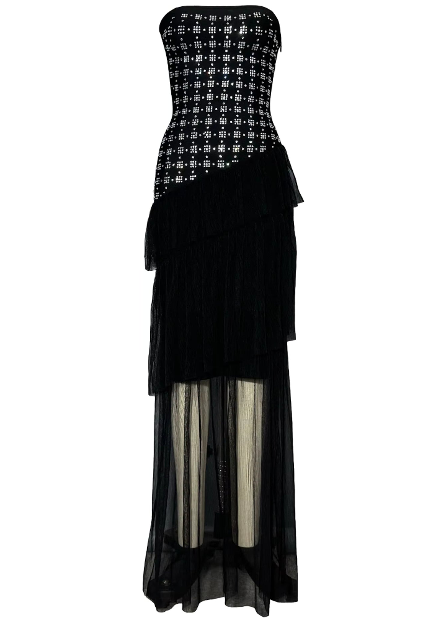 Syvanna Strapless Crystal Ruffle Maxi Dress In Black