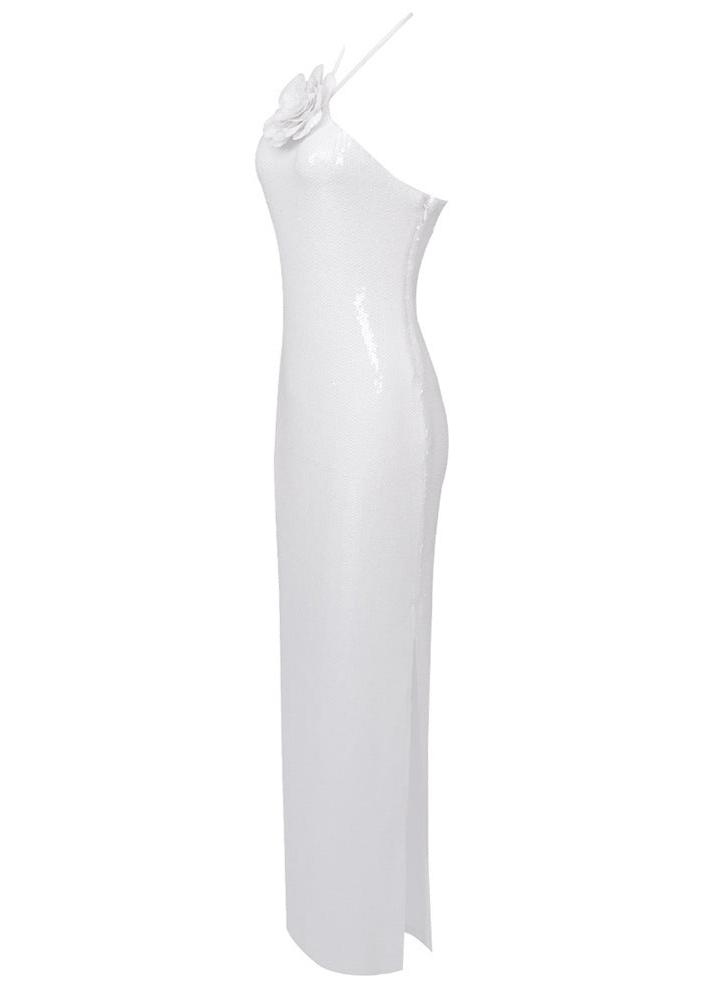 Glitter Rosette Halter Sequined Maxi Dress In White