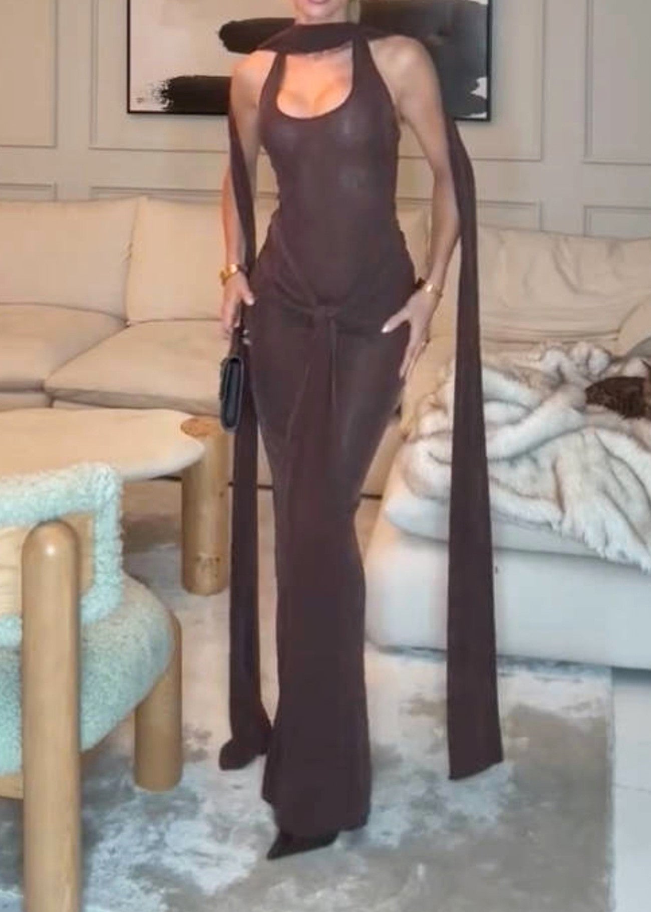 Mansi Halter Sparkly Maxi Dress In Brown